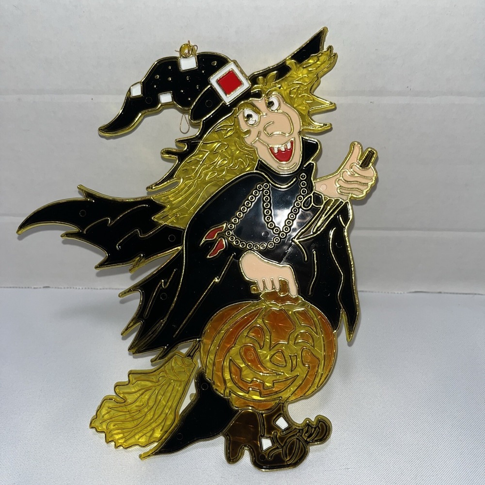 Halloween Witch With Pumpkin Window Decor Suncatcher Ghost Plastic Vintage